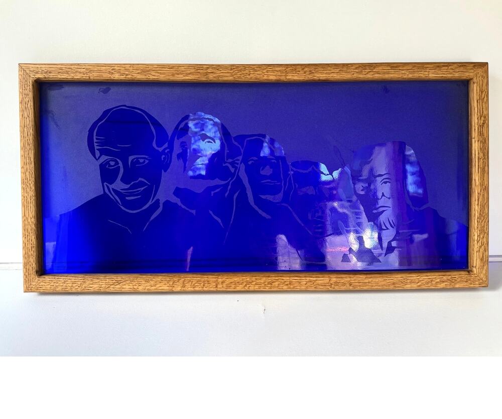 Vintage Cobalt Blue Etched Glass Mount Rushmore Panel in Solid Oak Frame